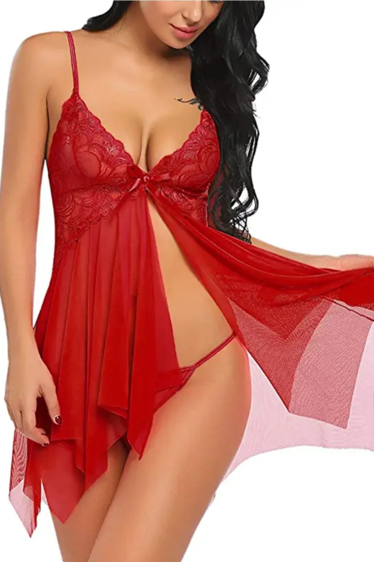 Fiery Red Floral Lace Bodice Babydoll with Sheer Mesh Skirt