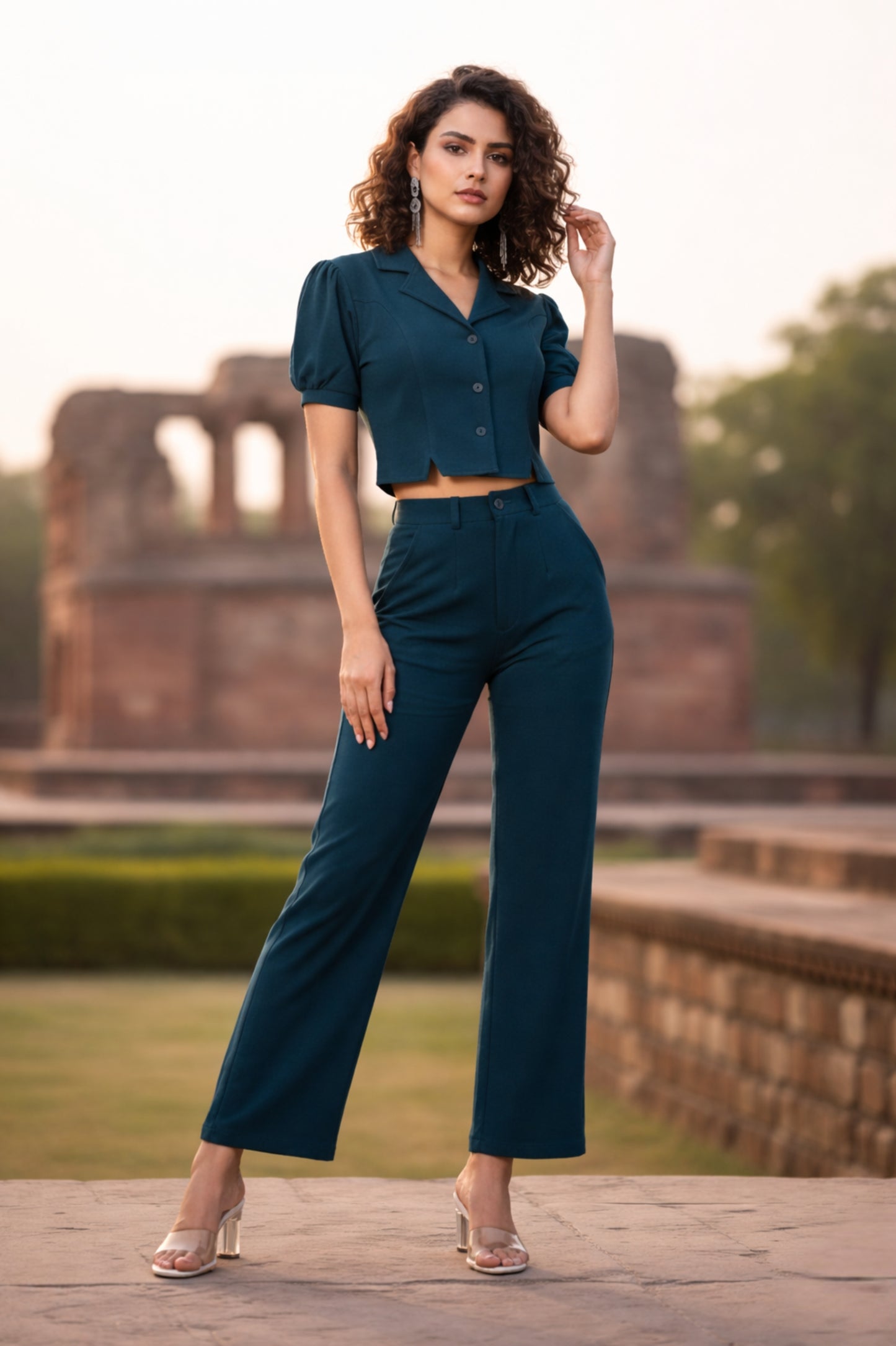 Teal Blue Textured Crop Coord Set
