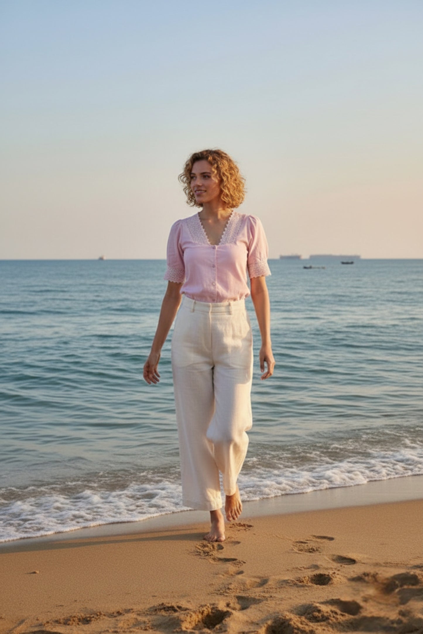 Baby Pink Lace-Trim Puff Sleeve Button-Down Blouse