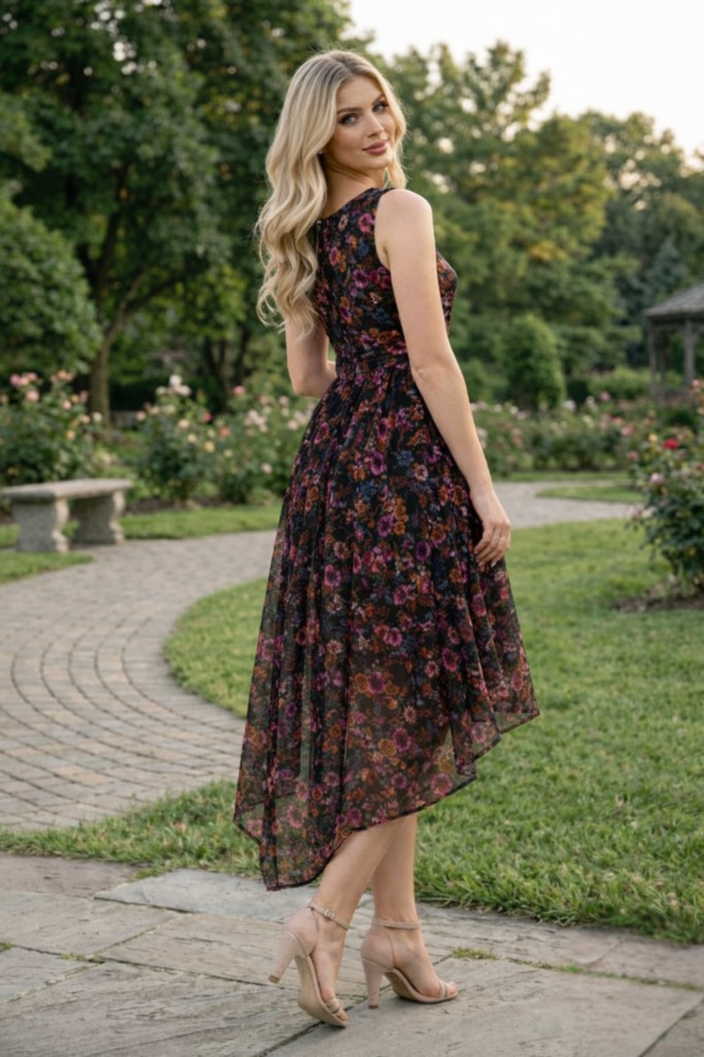 Floral Sleeveless Asymmetric Midi Dress
