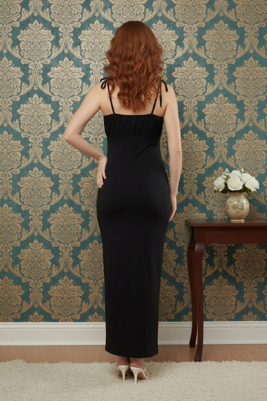 Elegant Black Bodycon Midi Dress with Tie-Up Straps
