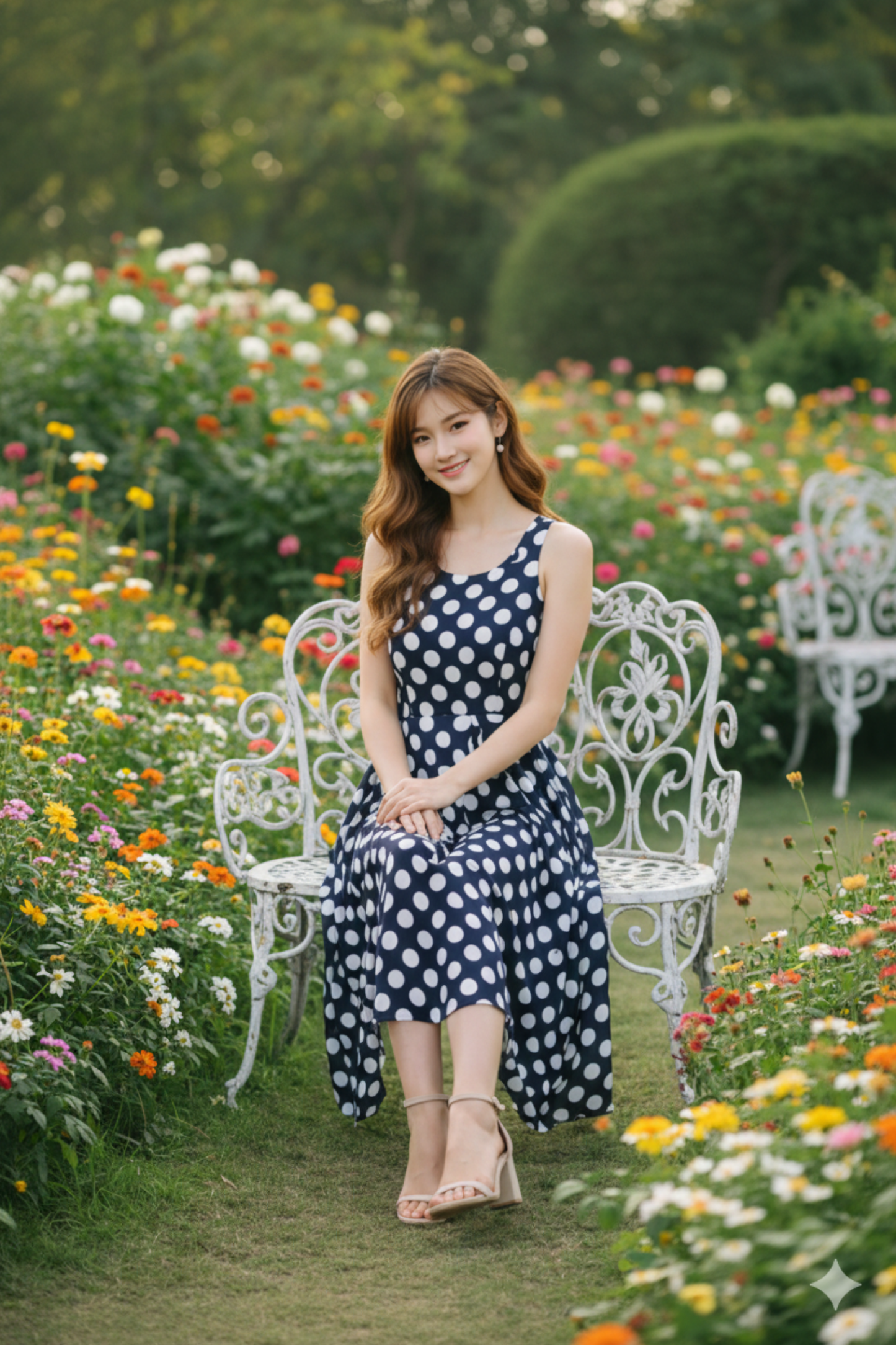 Navy Blue Polka Dot Asymmetric Midi Dress