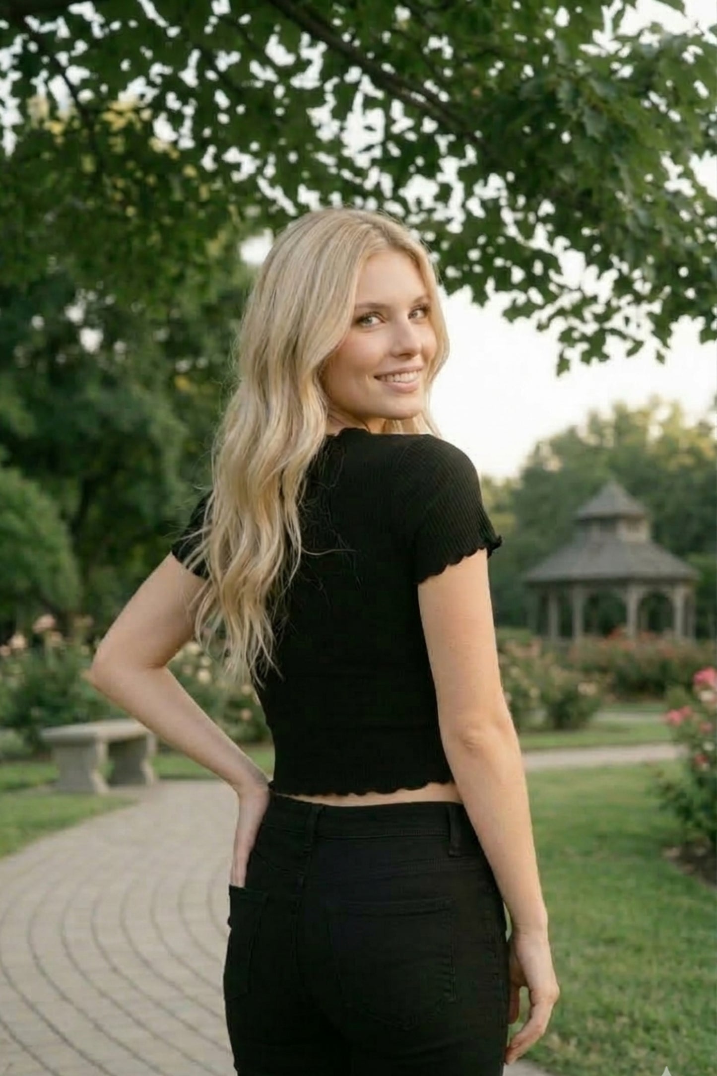 Midnight Black Ribbed Lettuce-Edge Short Sleeve Crop Top
