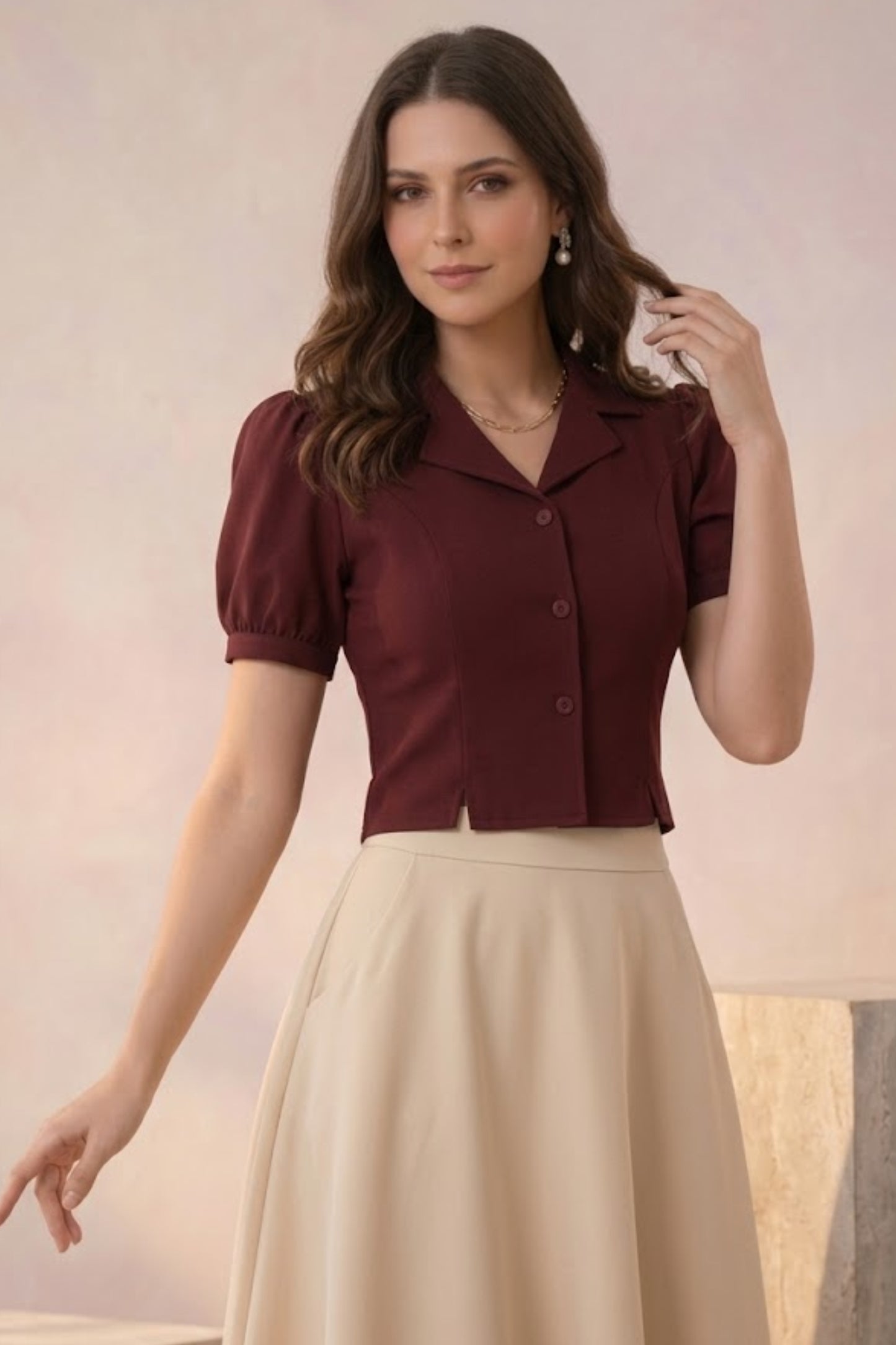 Maroon Puff-Sleeve Button-Down Crop Top