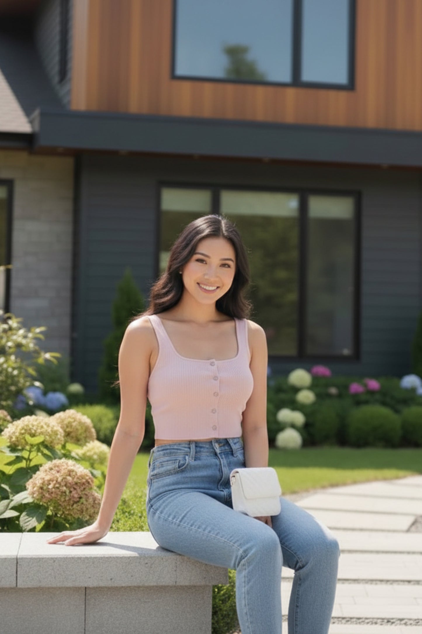 Baby Pink Square Neck Button Crop Top