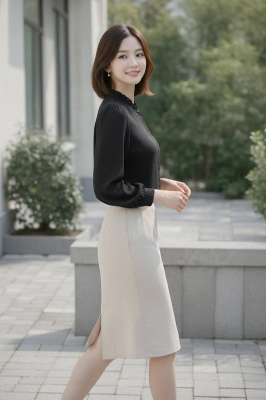Black Ruffled High-Neck Shirt