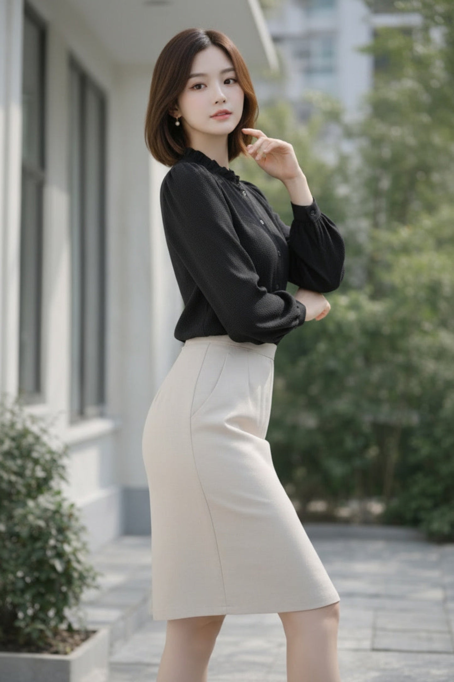 Black Ruffled High-Neck Shirt