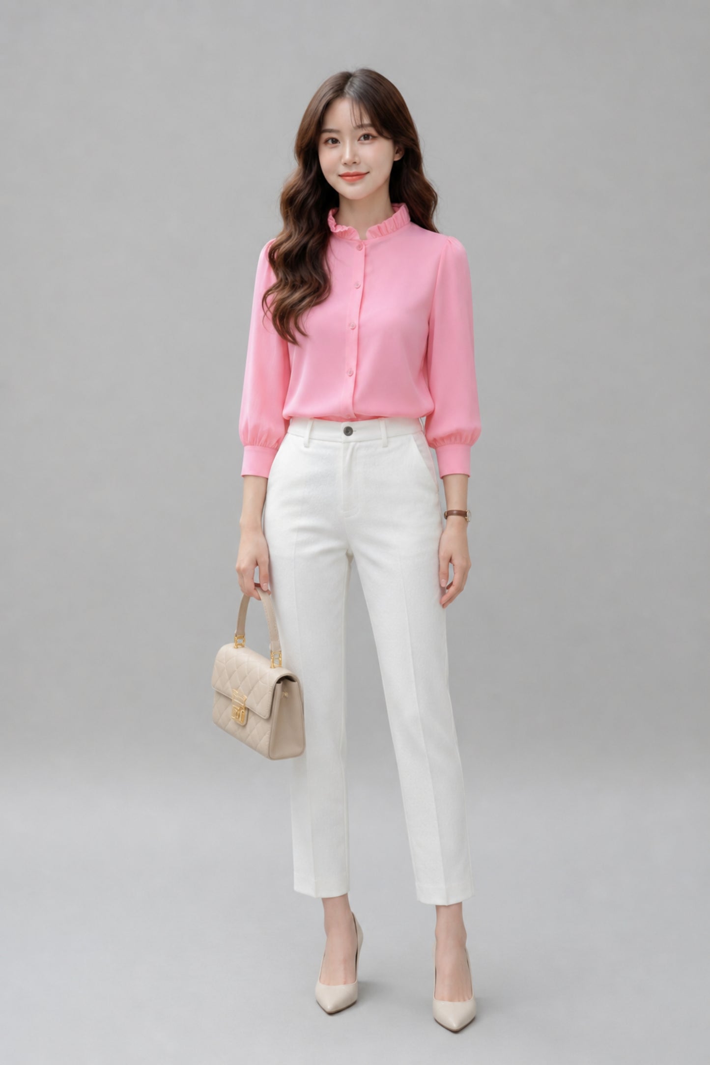 Baby Pink Ruffled High-Neck Shirt