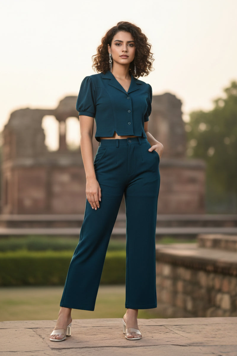 Teal Blue Textured Crop Coord Set