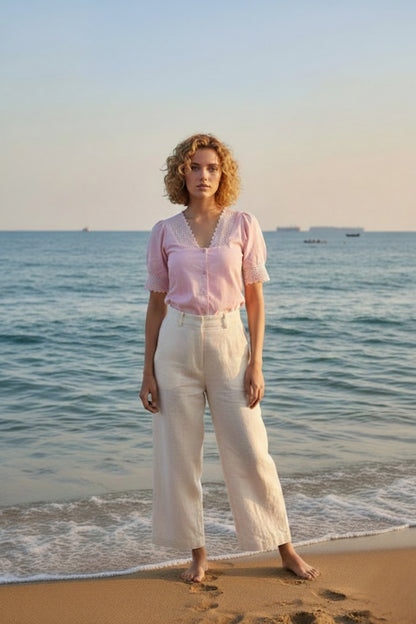 Baby Pink Lace-Trim Puff Sleeve Button-Down Blouse