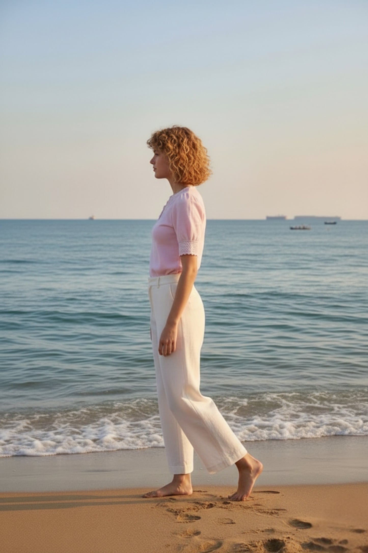 Baby Pink Lace-Trim Puff Sleeve Button-Down Blouse