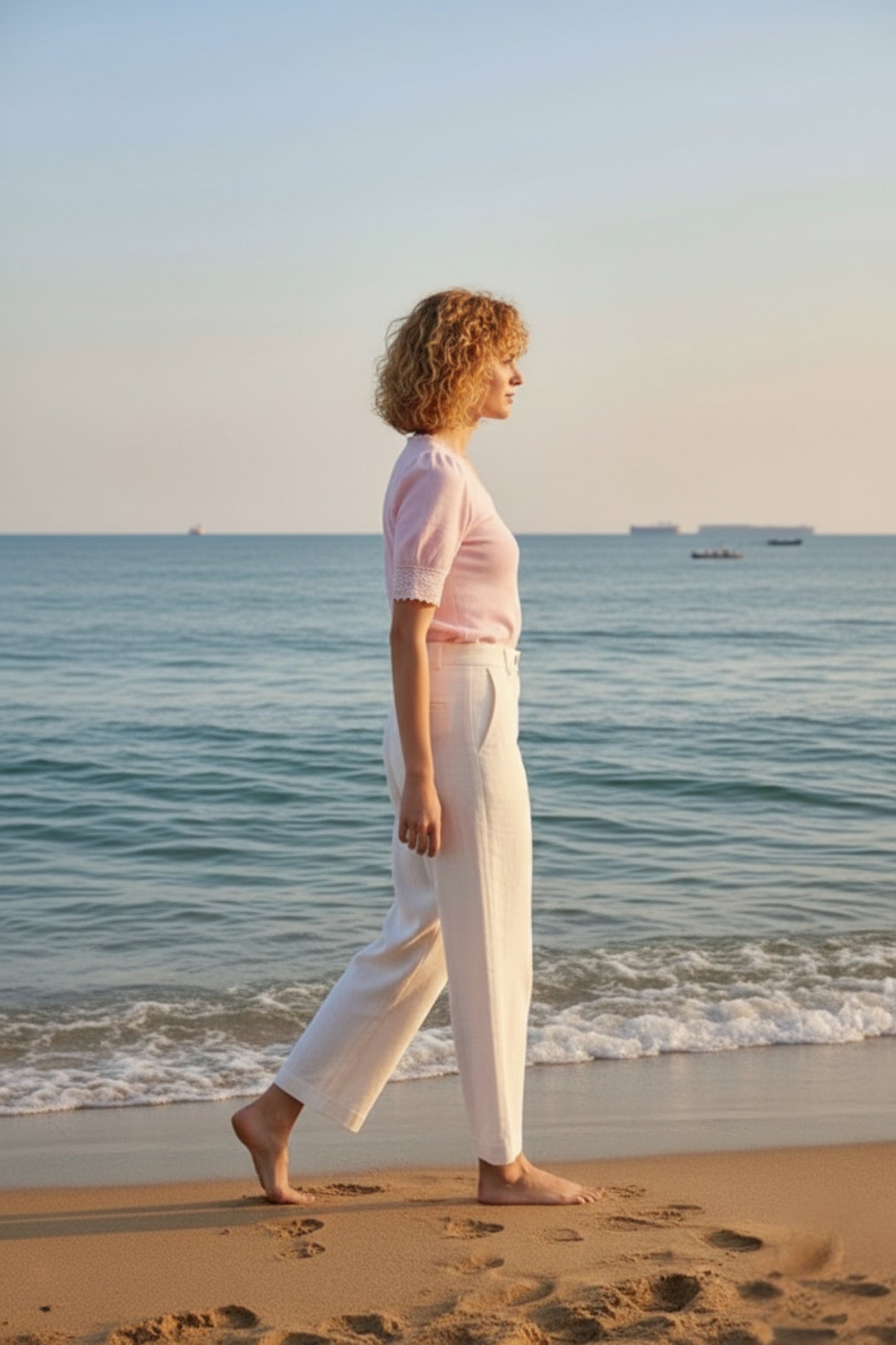 Baby Pink Lace-Trim Puff Sleeve Button-Down Blouse