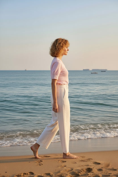 Baby Pink Lace-Trim Puff Sleeve Button-Down Blouse