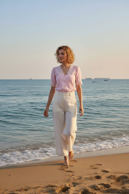 Baby Pink Lace-Trim Puff Sleeve Button-Down Blouse