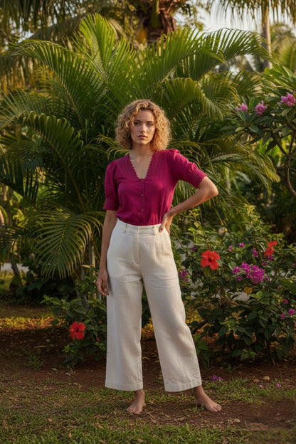 Magenta Lace-Trim Puff Sleeve Button-Down Blouse