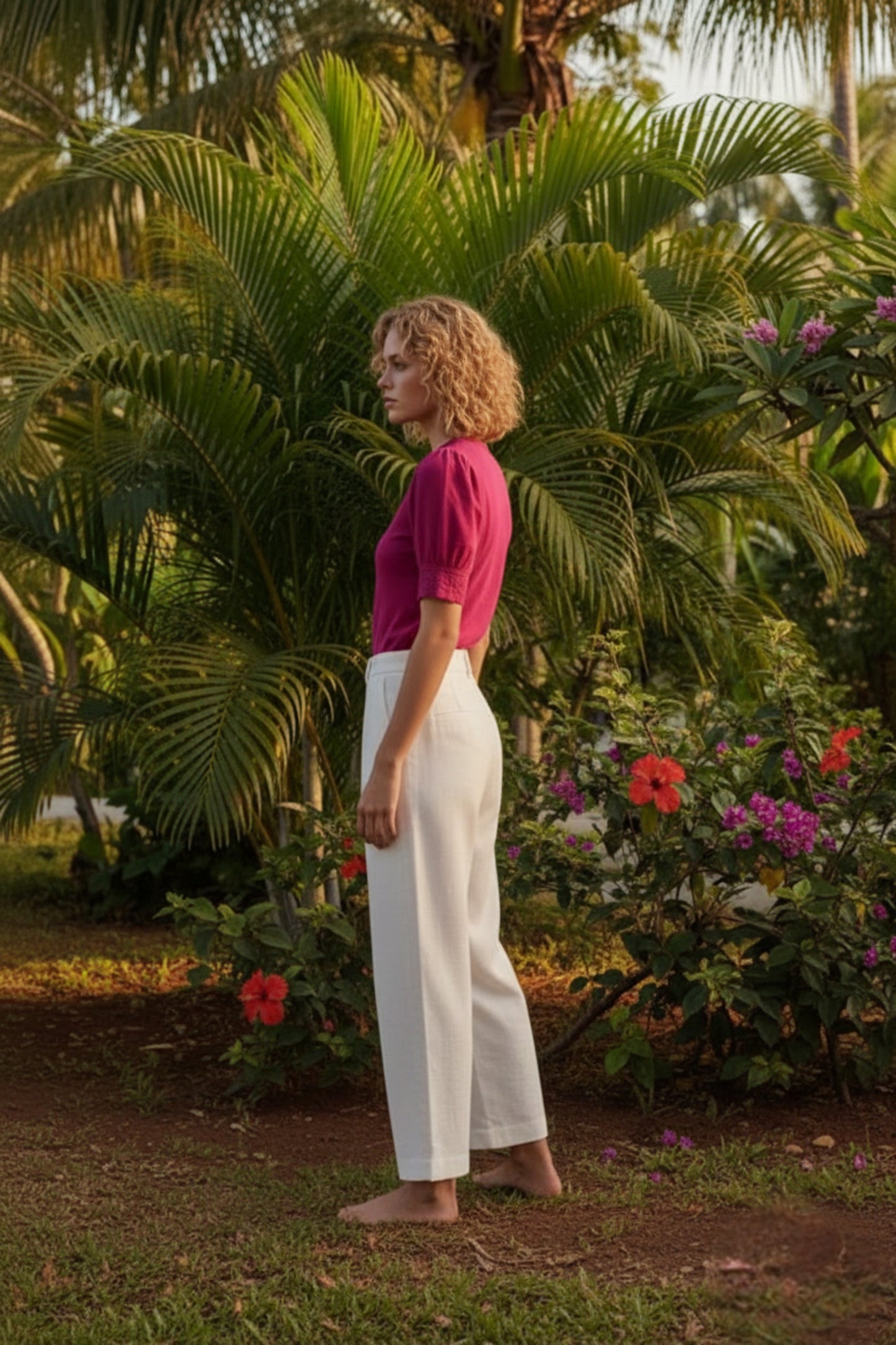 Magenta Lace-Trim Puff Sleeve Button-Down Blouse