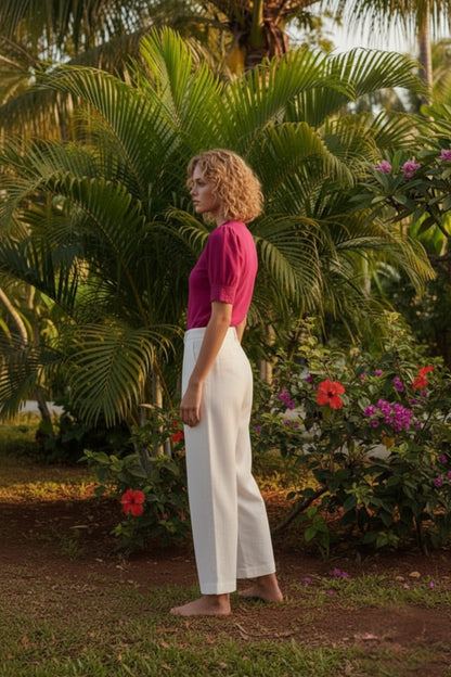 Magenta Lace-Trim Puff Sleeve Button-Down Blouse