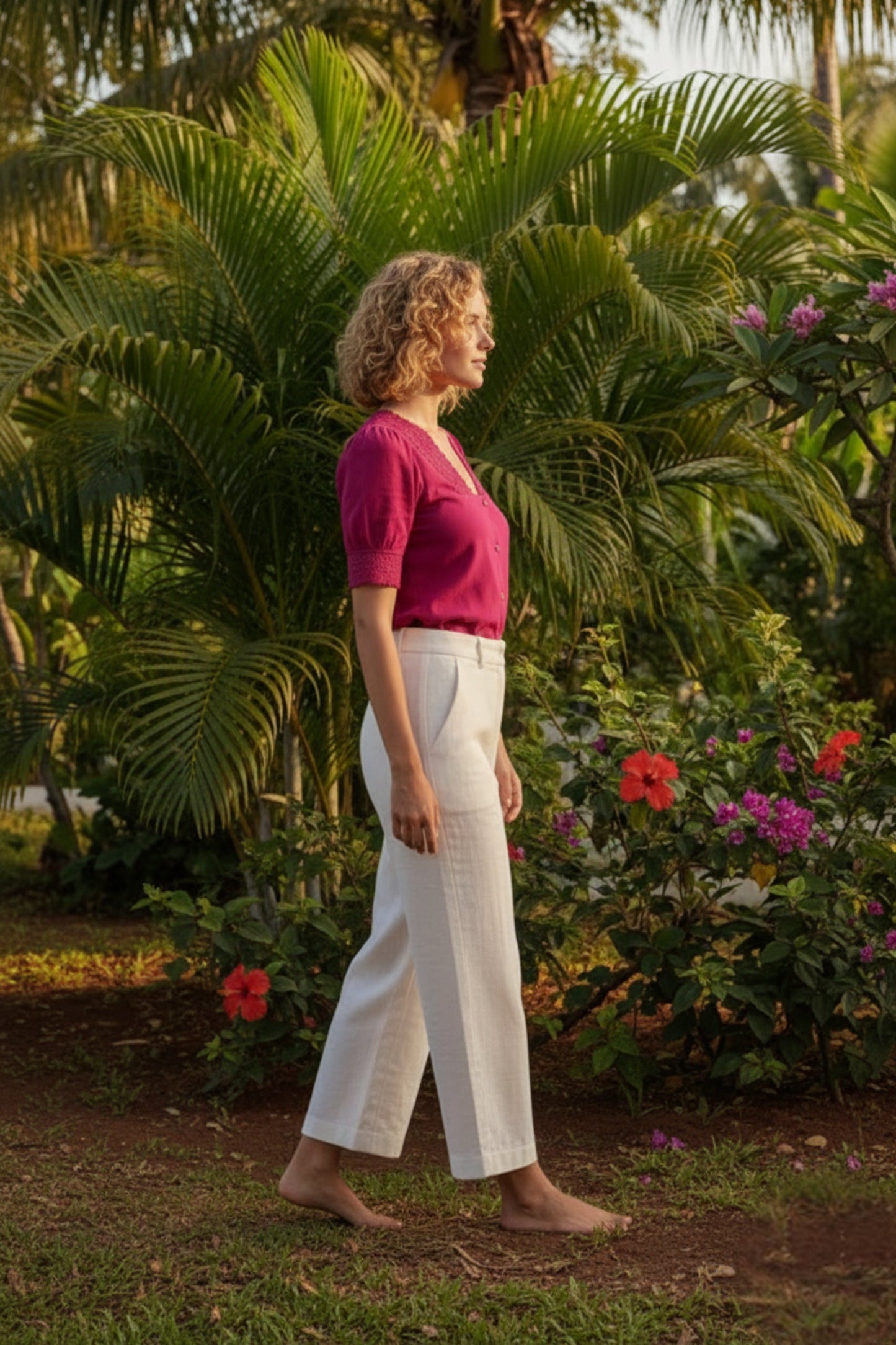 Magenta Lace-Trim Puff Sleeve Button-Down Blouse