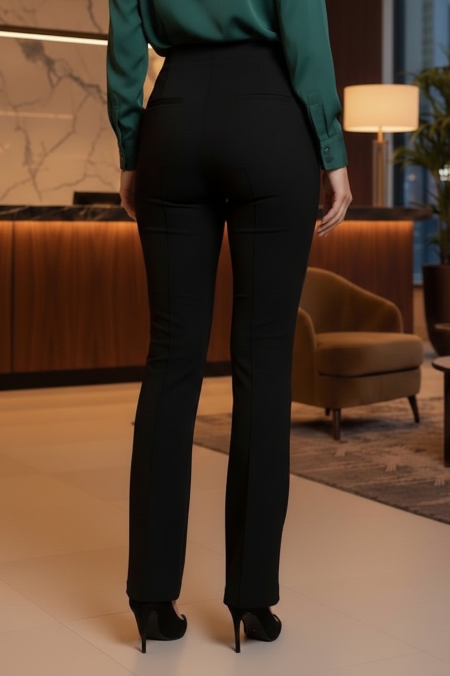 High-Waisted Flared Trousers with Front Seam Detail and Side Pockets