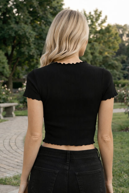 Midnight Black Ribbed Lettuce-Edge Short Sleeve Crop Top