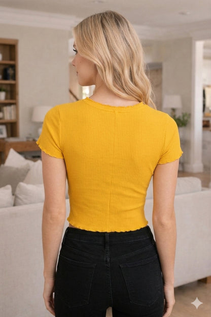 Sun-Kissed Yellow Ribbed Lettuce-Edge Short Sleeve Crop Top