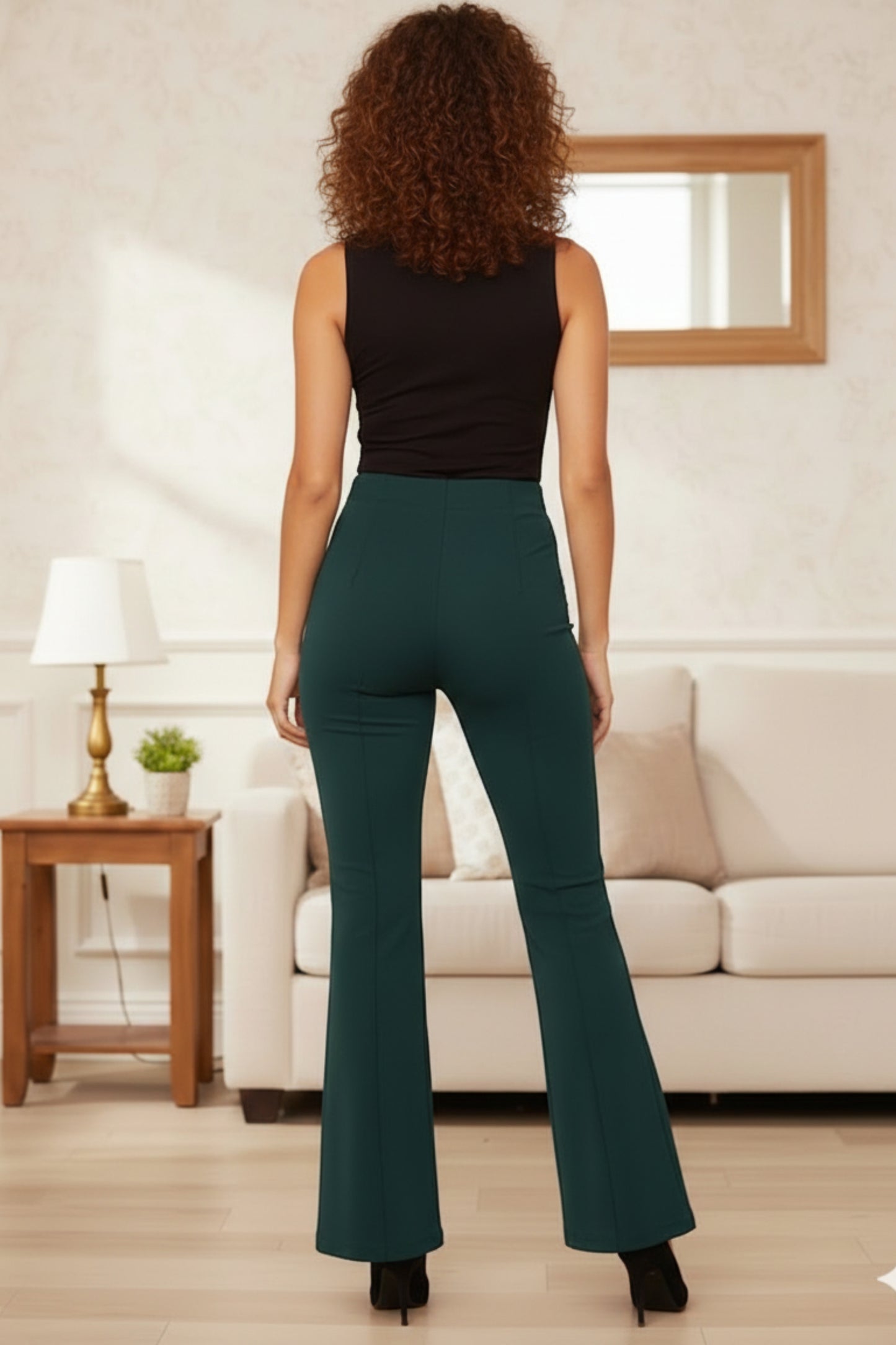 Forest Green High Waisted Flared Trousers with Front Seams