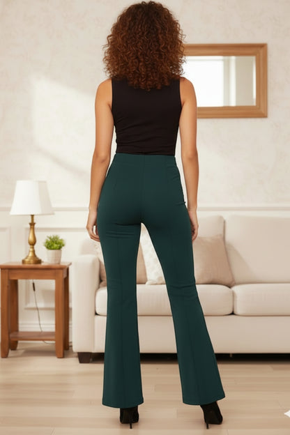 Forest Green High Waisted Flared Trousers with Front Seams