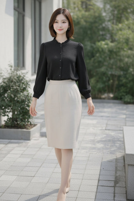 Black Ruffled High-Neck Shirt