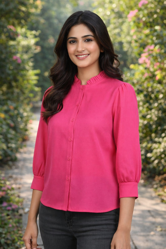 Hot Pink Ruffled High-Neck Shirt