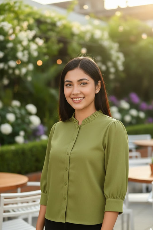 Olive Green Ruffled High-Neck Shirt