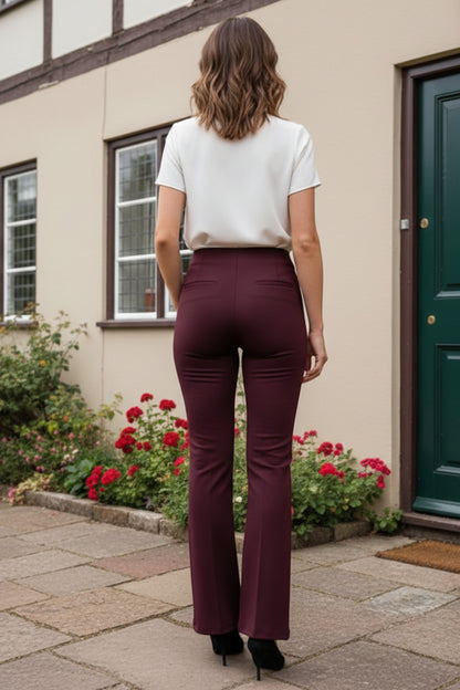 Burgundy High Waisted Flared Trousers with Side Pockets