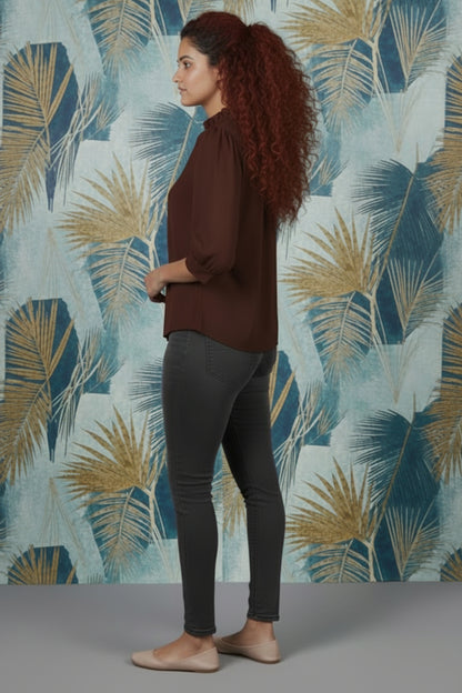 Chocolate Brown Ruffled High-Neck Shirt