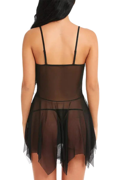 Midnight Black Floral Lace Bodice Babydoll with Sheer Mesh Skirt