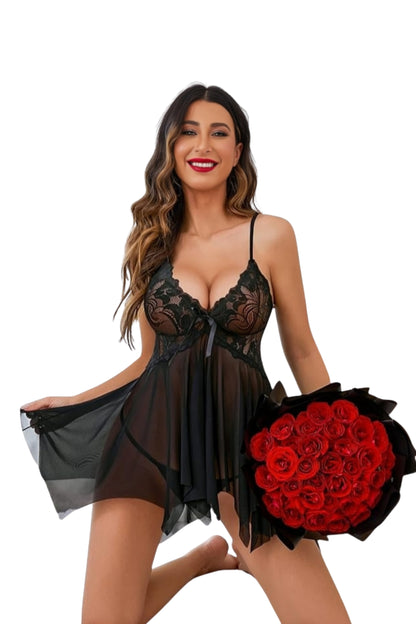 Midnight Black Floral Lace Bodice Babydoll with Sheer Mesh Skirt